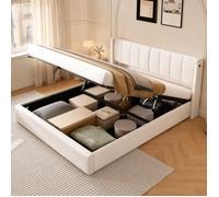 Lit coffre 180x200 cm LED USB avec rangement hydraulique, tête de lit réglable, PU blanc galet, sans matelas