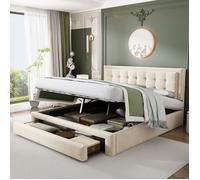Lit coffre 180x200 cm lit double avec tiroirs lit rembourré Beige Beige O.Ye Beige LIT COMPLET