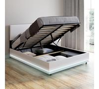 IDMarket - Lit Coffre Double Owen avec LED intégrées + tête de lit et sommier 140 x 190 cm PVC Blanc