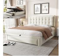 Lit coffre 2 places - LANGTU - 140x190 - Velours beige - Sommier à lattes inclus - Coffre & 2 tiroirs
