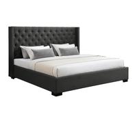 Lit coffre 200 x 200 cm avec tête de lit capitonnée - Tissu - Gris - MASSIMO