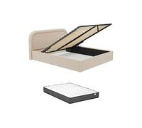 Lit coffre 200 x 200 cm - Tissu bouclette - Beige + Matelas - FIREZA