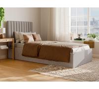 Lit coffre 90 x 190 cm avec tête de lit coutures verticales - Tissu - Beige + Matelas - SARAH