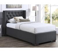 Lit coffre 90 x 200 cm avec tête de lit capitonnée - Tissu - Gris + Matelas - MASSIMO