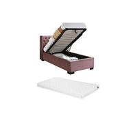 Lit coffre 90 x 200 cm avec tête de lit capitonnée - Velours - Rose + Matelas - MASSIMO