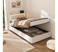 Lit Coffre 90x200 à LED, Lits Hydraulique avec Multiprise, Tête de Lit Capitonnée avec Étagère Ouvertes, Lit Double Rembourré avec Rangement Spacieux, Lattes en Bois, Lits 90 x 200 avec Sommier