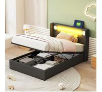 Lit coffre 90x200 avec bande lumineuse LED, lecteur Bluetooth et chargement USB, lit jeune avec sommier à lattes
