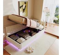 Lit Coffre 90x200 avec LED et USB C, Canapé Lit 1 Place avec Rangement hydraulique et Tete de Lits, Lits 1 Personne Canapé LIT Simple Rembourré LIT Banquette avec Sommier à Lattes (Beige, 90 x 200 cm)