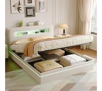 Lit Coffre 90x200 avec LED et USB C, Canapé Lit 1 Place avec Rangement hydraulique et Tete de Lits, Lits 1 Personne Canapé LIT Simple Rembourré LIT Banquette avec (Beige H + Velours, 140 x 200 cm)
