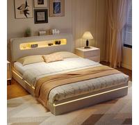 Lit Coffre 90x200 avec LED et USB C, Canapé Lit 1 Place avec Rangement hydraulique et Tete de Lits, Lits 1 Personne Canapé LIT Simple Rembourré LIT Banquette avec (Beige H + Velours, 160 x 200 cm)