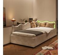 Lit Coffre 90x200 avec lumière LED, Lit Simple avec Rangement hydraulique,Lit 90x200 avec sommier Lattes, Begie Velours,Convient aux enfants ou aux adolescents, pour les chambres ou les salons