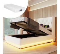 Lit Coffre 90x200 avec Sommier, LED et Port USB Type C - Rangement, Tête de lit à Lattes, PU Capitonné pour 1 Personne - Blanc avec Matelas