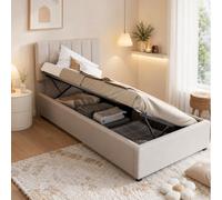 Lit Coffre 90x200 avec Sommier, Lit Simple Rembourré avec Tete de Lits Capitonné Verticale Design, Structure Métal Silencieuse & Bois Robuste, Cadre de Lits 1 Place pour Petites Chambre d'Amis et Ados