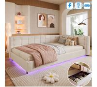 Lit Coffre 90x200 CM avec Sommier LED et USB - Lit Enfant Rembourré avec Rangement Hydraulique - Canapé Lit 1 Place - Velours Beige