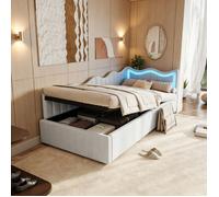 Lit coffre 90x200 cm,canapé-lit,LED,rangement hydraulique,lit enfant,lit simple,lit princesse,lit ado,sommier lattes,Teddy,blanc