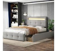 Lit Coffre 90x200cm avec Lampes LED, Espaces de Rangement et Tête Capitonnée, Sommier à Lattes pour Enfant, Adolescent - 2 Personnes, Gris