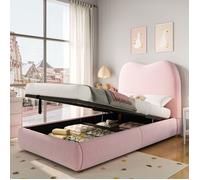 Lit coffre 90x200cm, lit rembourré avec sommier à lattes, lit enfant lit simple avec tête de lit et espace de rangement,boucle,Rose