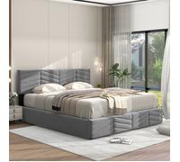 Lit coffre adulte 140 x 200 cm avec sommier à lattes et tête de lit réglable en hauteur - tissu velours - Aapaas - gris