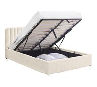 Lit coffre adulte 140x190 cm avec tête de lit capitonnée en tissu bouclé beige - Ava