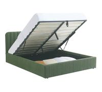 Lit coffre adulte 160x200 cm avec tête de lit capitonnée en tissu bouclé vert kaki - Ava