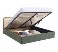 Lit coffre adulte 160x200 cm en velours côtelé vert kaki avec tête de lit en bois et cannage - Elsa