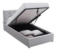 Lit coffre adulte 90x190 cm avec tête de lit matelassée en tissu gris et sommier - Tina