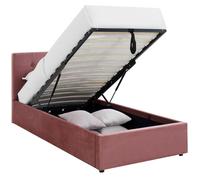 Lit coffre adulte 90x190 cm avec tête de lit matelassée en velours rose et sommier - Tina