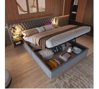 Lit coffre - AUTREMENT - 180 x 200 cm - Velours gris - 2 tables de chevet - USB intégré