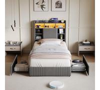 Lit Coffre avec 2 Tiroirs,Lit Simple Rembourré 90x200 avec Sommier,LIT Enfant 90x200 cm et Lampe de Chevet LED, Ports USB et Type-C, Lits Adultes Cadre de lit 1 Place Lits Simple Lin(Gris-h, 90x200)