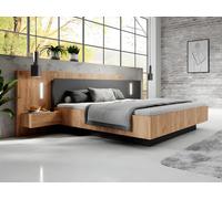 Lit coffre avec chevets 140 x 190 cm - 2 tiroirs - Avec LEDs - Coloris : Naturel et anthracite - FRANCOLI