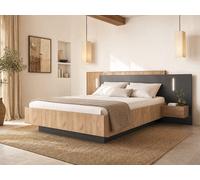 Lit coffre avec chevets 140 x 190 cm - 2 tiroirs - Avec LEDs - Coloris : Naturel et anthracite + Matelas - FRANCOLI