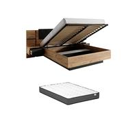Lit coffre avec chevets 140 x 190 cm - Avec LEDs - Coloris : Naturel et anthracite + Matelas - ELYNIA