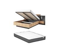 Lit coffre avec chevets 160 x 200 cm - 2 tiroirs - Avec LEDs - Coloris : Naturel et anthracite + Matelas - FRANCOLI