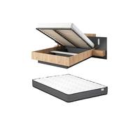 Vente-unique - Lit avec Rangement et Tables de Chevet - 160 x 200 cm - 2 tiroirs - …clairage LED - Couleurs : Aspect Bois et Anthracite - avec Matelas - FRANCOLI