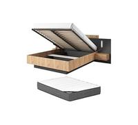 Lit coffre avec chevets 160 x 200 cm - 2 tiroirs - Avec LEDs - Coloris : Naturel et anthracite + Matelas - FRANCOLI