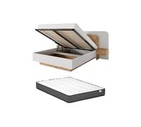Lit coffre avec chevets 160 x 200 cm - Avec LEDs - Coloris : Naturel et blanc + Matelas - DESADO