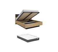 Lit coffre avec chevets 160 x 200 cm - Avec LEDs - Coloris : Naturel et noir + Matelas - ARIADA
