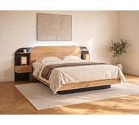 Lit coffre avec chevets 160 x 200 cm - Avec LEDs - Coloris : Naturel et noir + Matelas - JUVISIA
