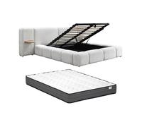 Lit coffre avec chevets 160 x 200cm - Tissu bouclette - Beige + Matelas - VILACO