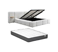 Lit coffre avec chevets 160 x 200cm - Tissu bouclette - Beige + Matelas - VILACO