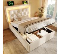 Lit Coffre avec éclairage LED et Ports de Charge USB et Type-C, Lit Rembourré avec Tête de lit Ornée de Boutons Sertis de Diamants, Chambre à Coucher Moderne (Beige, 90 x 200cm)