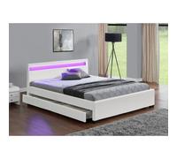 Concept Usine - Lit double Enfield 160 x 200 cm simili blanc LED multi-couleurs rangements intégrés