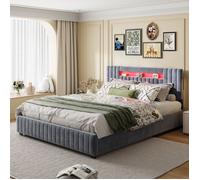 Lit coffre avec LED - TANANT - 160x200 cm - Velours gris - Espace de rangement - 2 places