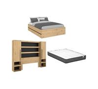 Lit coffre avec pont 140 x 190 cm - Coloris : Naturel et noir + Matelas - LUDARO
