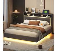Lit coffre avec prise USB et clairage LED, tissu de lin gris 160*200cm