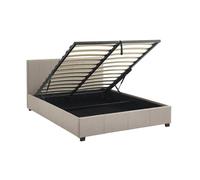 Lit coffre avec sommier à lattes et tête de lit. finition tissu beige. L 202 x P 148 x H 86cm