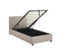 Lit coffre avec sommier à lattes et tête de lit. finition tissu beige. L 202 x P 97.5 x H 86cm