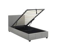 Lit coffre avec sommier à lattes et tête de lit. finition tissu gris clair. L 202 x P 97.5 x H 86cm