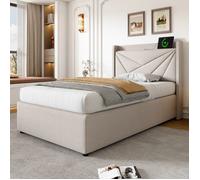 Lit coffre avec sommier à lattes - LANGTU - 90x200 cm - Coffre de rangement - Ports USB & Type-C - Tête rembourrée beige