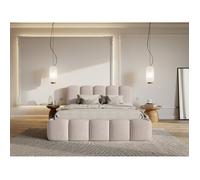 Lit coffre avec tête de lit - SELSEY - CLOUDY II - 180x200 cm - bouclette beige clair - sommier à lattes inclus